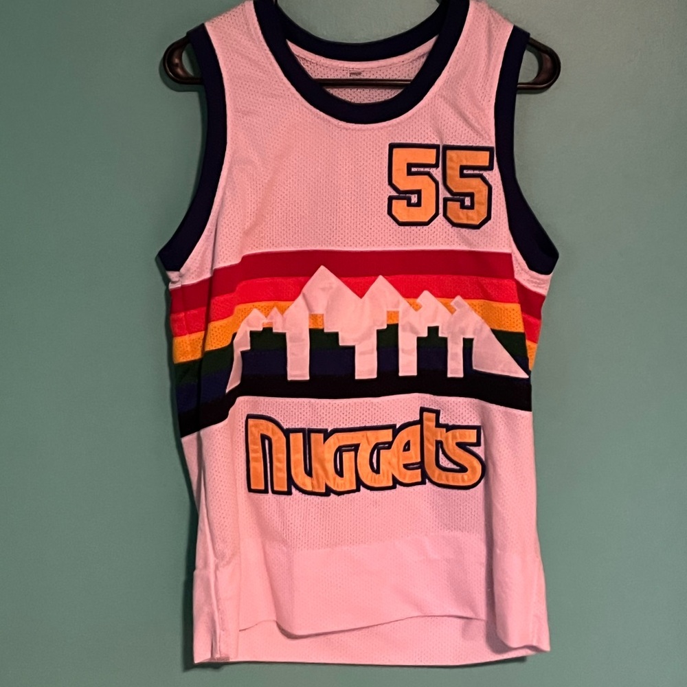 Dikembe Mutombo Vintage Denver Nuggets rainbow skyline jersey. Adult SMALL